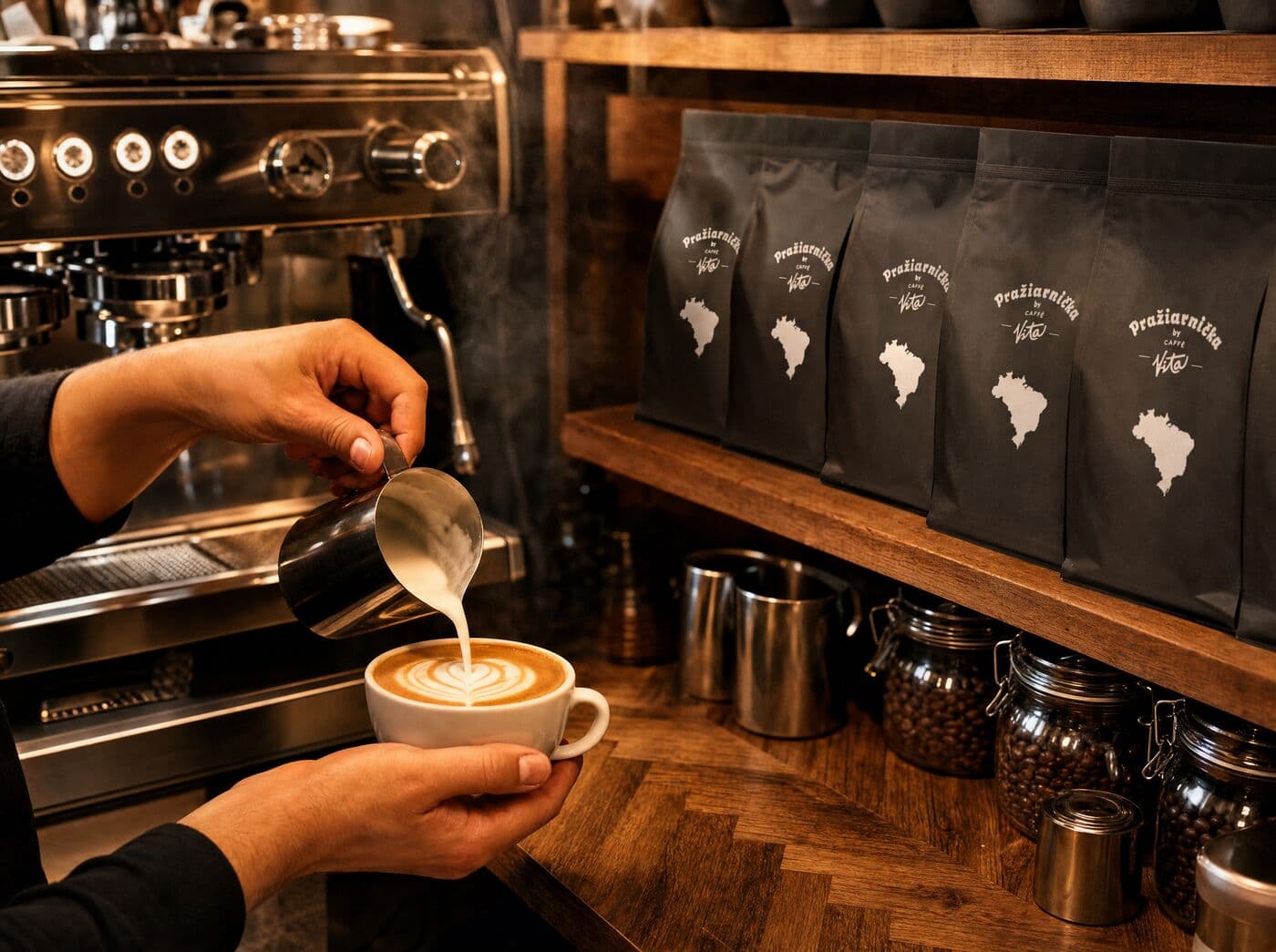 Barista pripravuje kávu Pražiarnička v kaviarni